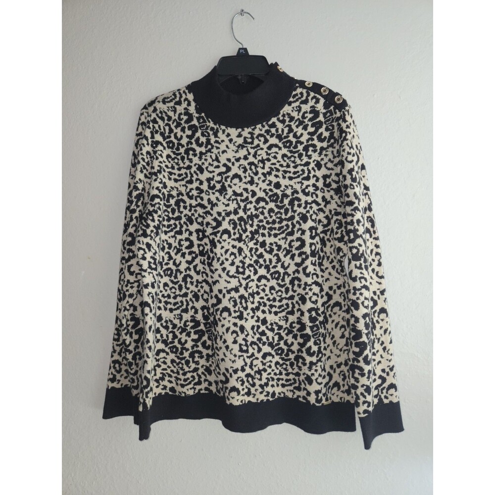 ​Calvin Klein Women’s Leopard Animal Print Sweater Large L Gold Buttons Mock Nec